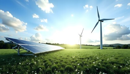 Renewable energy. Photovoltaic power plant and wind turbine farm. Green energy concept.