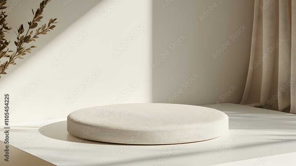 Poster beige textured round platform displayed in minimalist 3d room setting with sunlight shadows