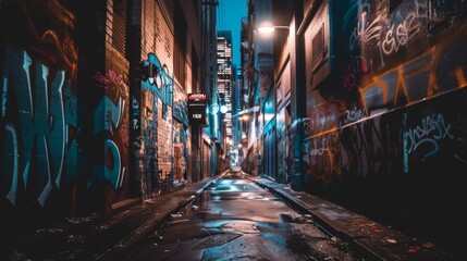 Obraz premium Tense Night Scene in a Dark Alleyway with Graffiti and Broken Glass