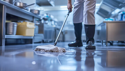 Worker mopping a commercial kitchen floor, emphasizing cleanliness, hygiene, and professional standards in a modern culinary environment.