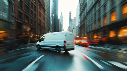 A delivery van sideswiped by a speeding car on a city street.
