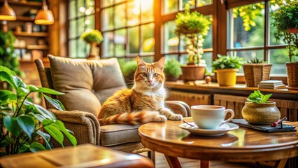 Fototapeta premium Adorable Cat Relaxing in a Cozy Cafe Setting with Coffee, Books, and Warm Ambiance, Perfect for Cat Lovers and Cafe Enthusiasts Seeking a Heartwarming Scene