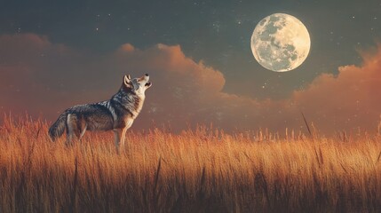 A wolf standing in a field of tall grass, howling as the moon rises over the horizon.