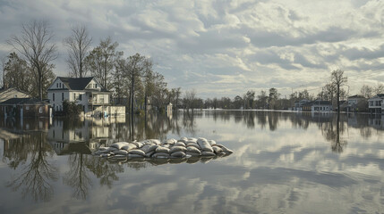 Obraz premium Flooded Neighborhood with Sandbags, illustrating resilience and natural disaster response