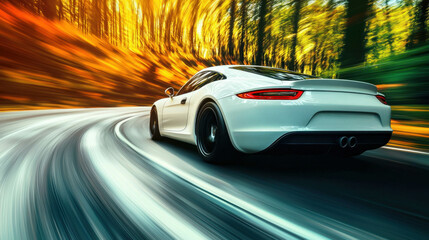 Obraz premium Sleek White Sports Car on a Curved Road, surrounded by vibrant autumn colors