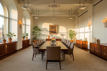 Fototapeta premium Sala de reuniones iluminada con la luz del sol . Generado con IA