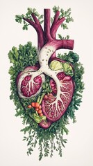 Fototapeta premium Illustration shows heart, lungs with vegetables, greens. Creative representation of healthy organs, nutritious food. Concept focuses on heart health, lung care through diet. Image evokes healthy