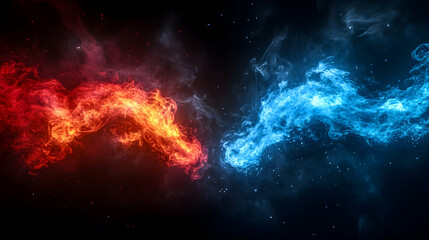 Abstract 3D fiery and icy streams collide dramatically on a dark background, creating a visually stunning contrast of colors and textures.