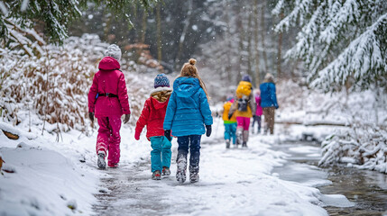 A family winter hike through snowy trails, with children in colorful jackets, bundled up parents, and a frozen stream alongside the path.