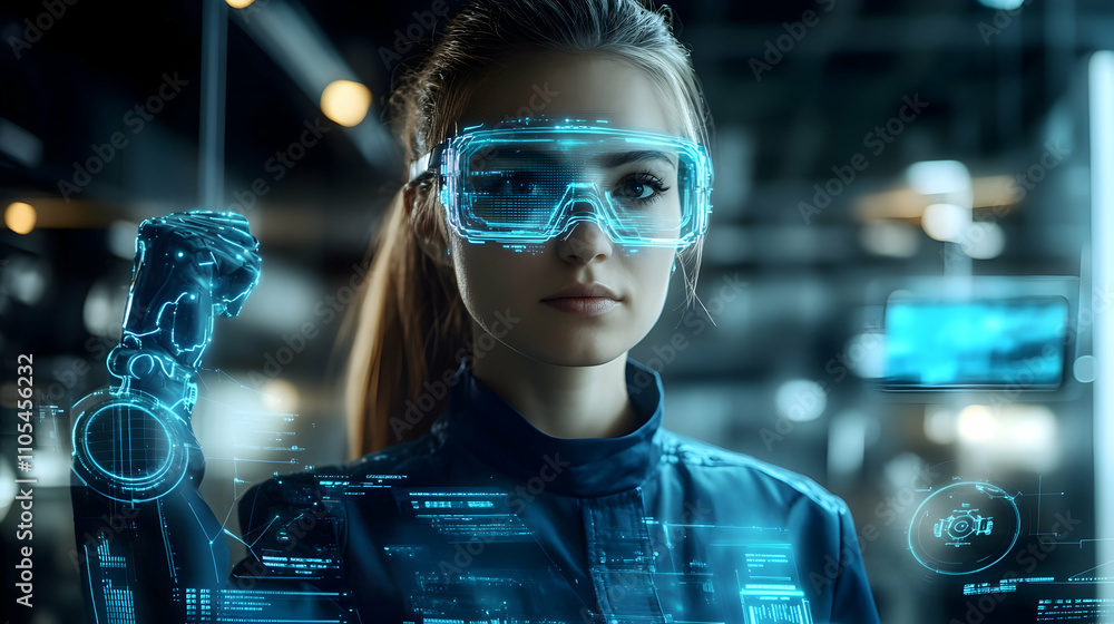 Poster futuristic woman interacts with holographic robotic arm and digital interface in a sci-fi setting