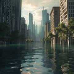 Fototapeta premium Flooded city street reflects tall buildings. Water rises high over road. Urban setting shows sea level rise impact. Trees line flooded avenues. Serious eco issue. Climate change consequence. Water