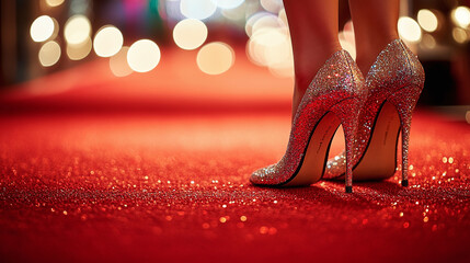 Close-up of sparkling glitter high heels on a glamorous red carpet, illuminated by soft bokeh lights, symbolizing elegance and luxury.