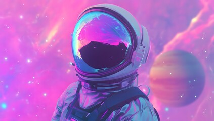 Astronaut in a vibrant, pink and purple nebula.  A cosmic journey through surreal space.