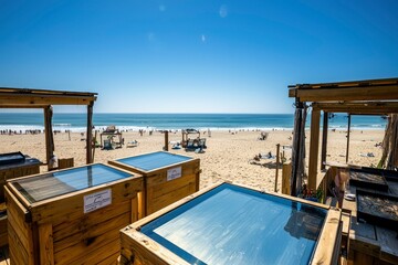 Fototapeta premium Beachfront Wooden Structures Overlooking Ocean Scene
