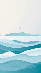 Minimalist abstract ocean landscape with wavy lines and sunset hues  modern summer travel design