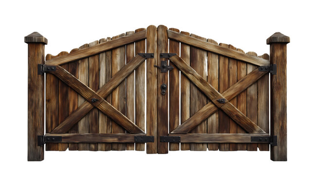Isolated wooden gate with rustic design &ndash; vintage rural entrance and countryside barrier