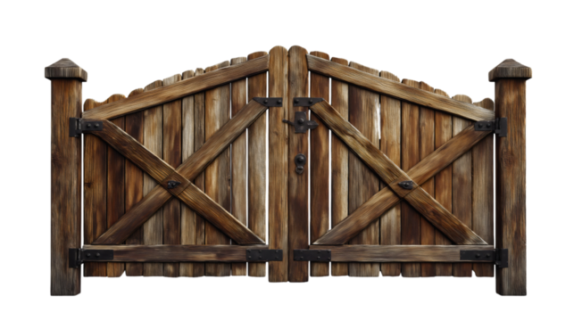 Isolated wooden gate with rustic design – vintage rural entrance and countryside barrier