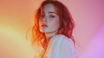 Fototapeta premium Portrait of a young woman with vibrant red hair indoor studio