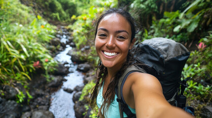 Naklejka premium An adventurous woman takes a selfie while hiking in the lush nature.