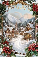 Cozy Victorian style winter scene with snowy cottage surrounded by snowy forest. Vintage style holiday card design