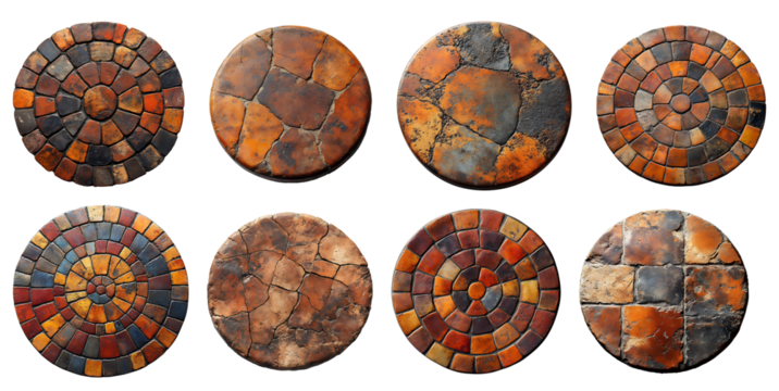 set of terracotta stones png. Round terracotta stone set top view PNG. Terracotta texture for presentation purposes flat lay png. Grunge terracotta table isolated. Grunge texture