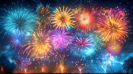 Fototapeta premium Vibrant Fireworks Display Exploding Over City Skyline at Night