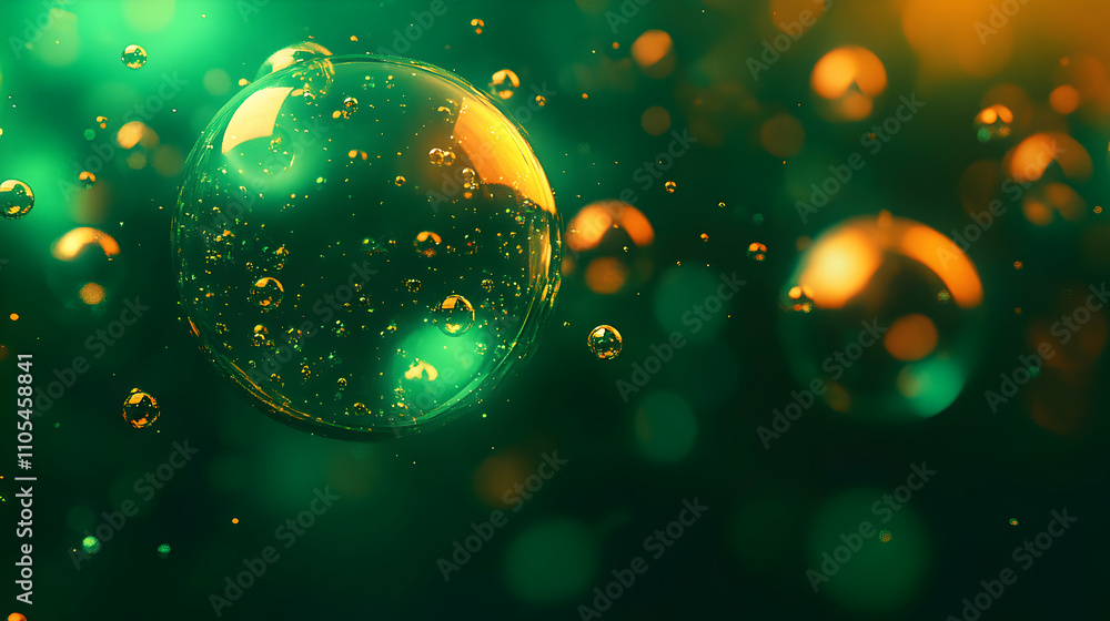 Poster abstract 3d render of green and gold bubbles floating in dark background with glowing effects