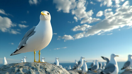 3D Render of a Seagull Perched on a Rock, Observing Other Seagulls Under a Cloudy Sky