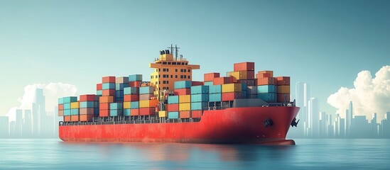 Obraz premium Vibrant Cargo Ship Loaded with Colorful Containers Sailing on Calm Ocean with City Skyline in Background