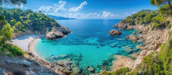 Stunning Aerial View of a Secluded Mediterranean Cove with Turquoise Waters and Lush Greenery Under a Clear Blue Sky