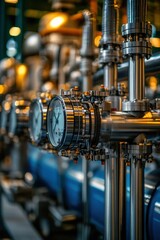 Obraz premium Industrial Machinery with Pressure Gauges and Metallic Pipes in a Modern Factory Setting