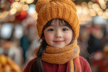 Portrait of a cute girl against the background of fair lights