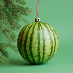 Watermelon as a Christmas ball, pastel green background, new year concept