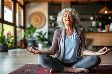 In a spacious and sunlit room filled with greenery, a senior Hispanic woman sits in the lotus position, eyes closed, as she embraces calmness and mindfulness through meditation