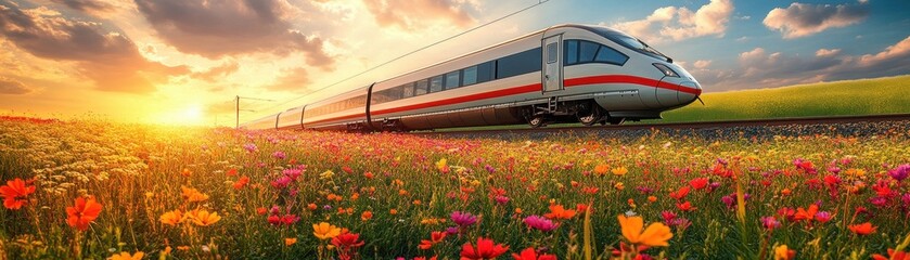 Fototapeta premium ** High-Speed Train Gliding Through Vibrant Flower Fields at Sunset with Dramatic Sky and Clouds in the Background..**