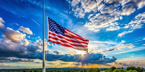 Aerial Photography of American Flag at Half Mast Against Clear Blue Skies, Symbolizing National Mourning and Remembrance in the United States of America