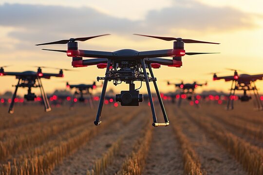 Drones fly over field at dusk, camera attached, lights on.