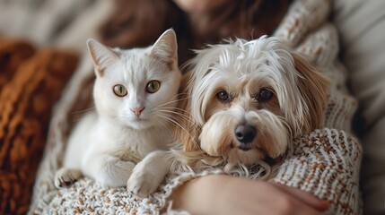 White, fluffy cat and dog cuddled up on a woman's hand