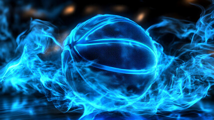 Abstract 3D Render of a Basketball engulfed in  Glowing Blue Flames, Digital Art Background
