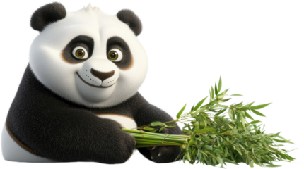 Charming cartoon panda holds green bamboo while displaying a friendly demeanor amidst a whimsical backdrop