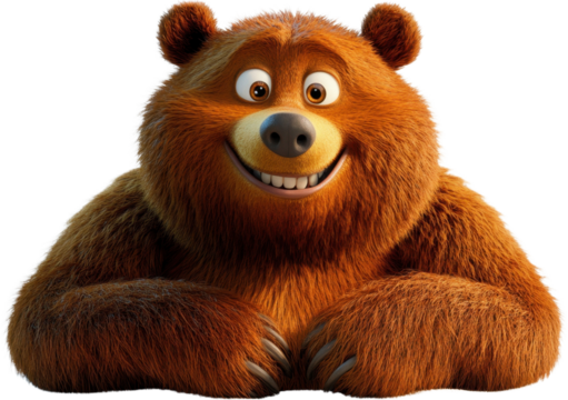Friendly cartoon bear displaying a joyful smile while sitting comfortably with a bright outlook in a playful setting