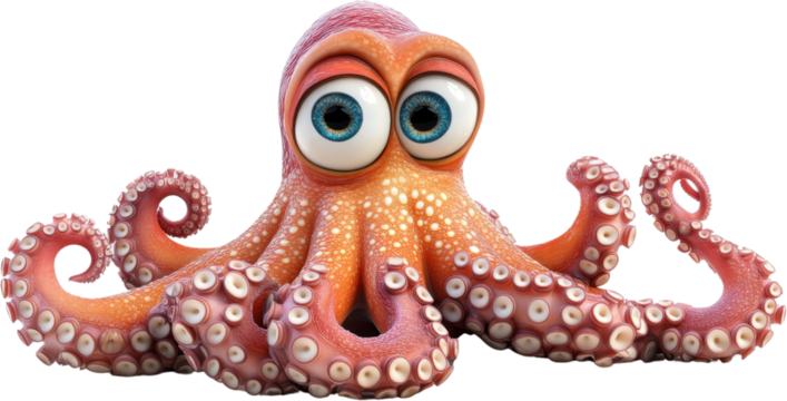 Colorful cartoon octopus with large eyes and playful expression on a transparent background for creative projects