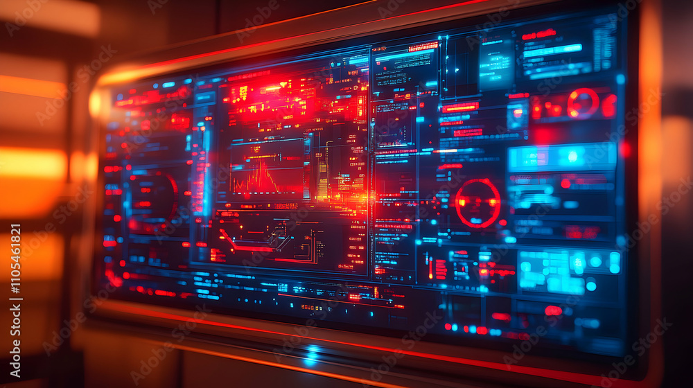Aufkleber futuristic digital interface displays complex data streams in red and blue hues on a large screen