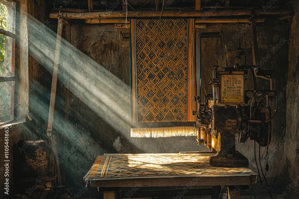 Poster sunlit workshop weaving loom creating intricate textile art