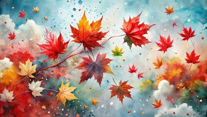 Aerial Photography of Vibrant Watercolor Splashes with Maple Leaves in Red and White, Capturing Fluidity and Nature's Beauty from Above