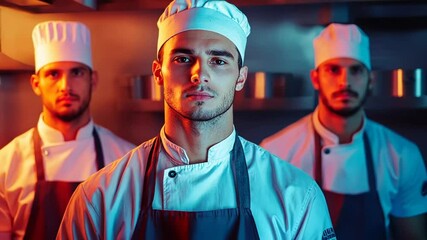 Three male chefs in uniform and hats stand confidently in a dimly lit kitchen related to culinary expertise and restaurant teamwork