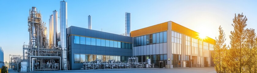Obraz premium Modern Industrial Facility with Sunlit Exterior and Advanced Equipment in a Clean Environment