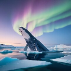 Fototapeta premium Whales leaping out of the sea, accompanied by glaciers and aurora