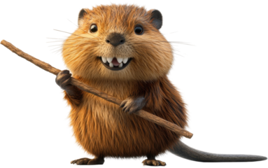 Charming furry creature holding a stick, ready for a playful adventure on a clear day