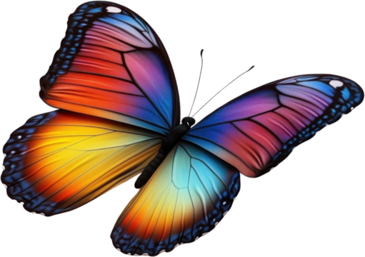 Colorful butterfly with vibrant wings floating in the air against a transparent background